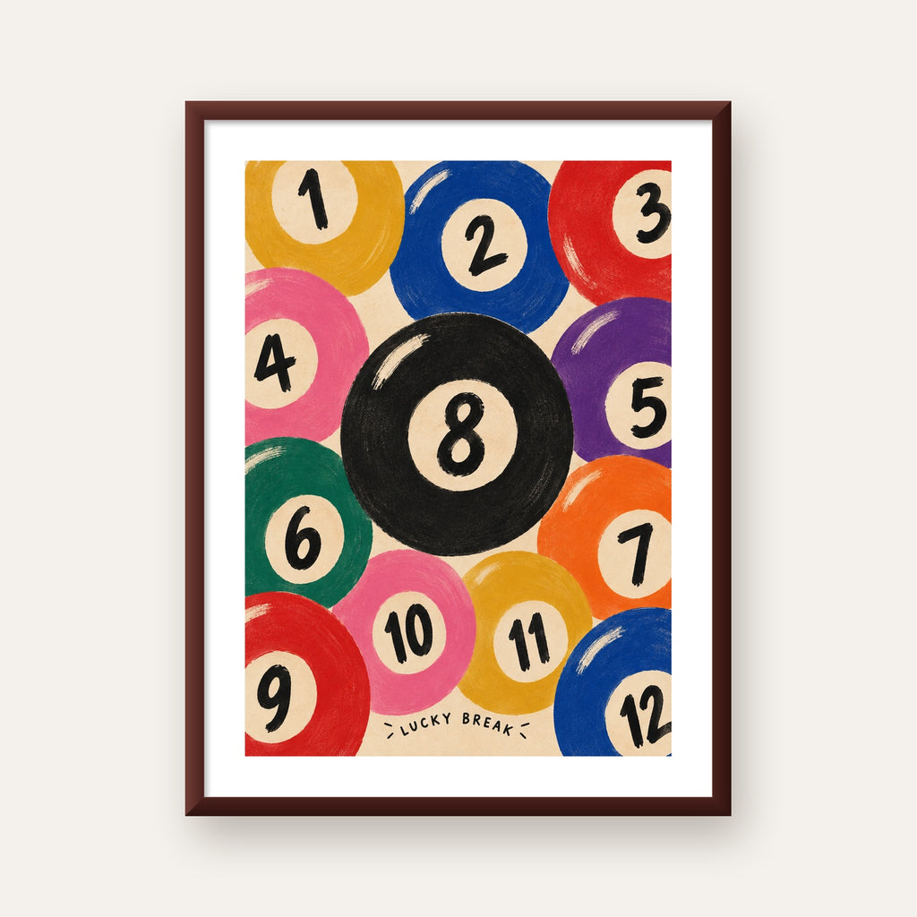 Renkli Bilardo Topları İllüstrasyon Poster – Lucky Break — ceviz çerçeveli paspartulu