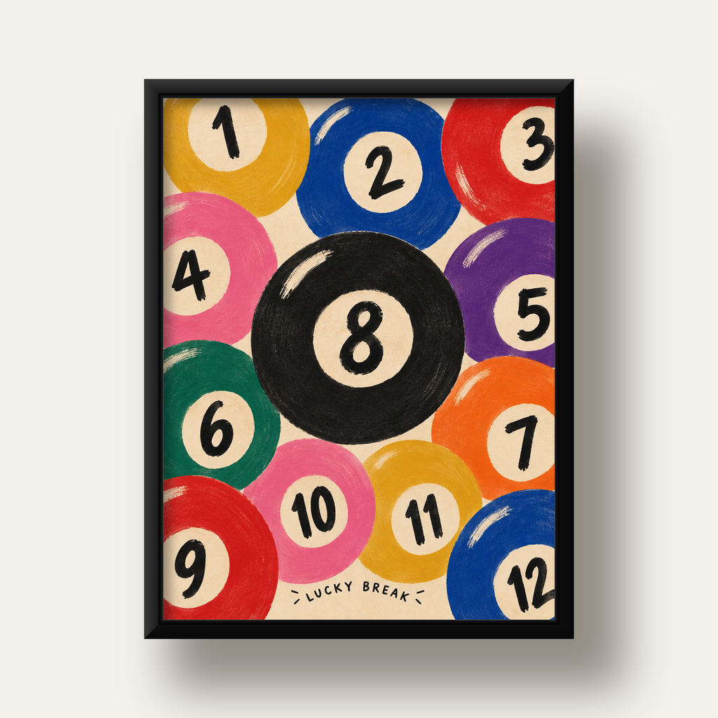 Renkli Bilardo Topları İllüstrasyon Poster – Lucky Break — siyah derin çerçeveli