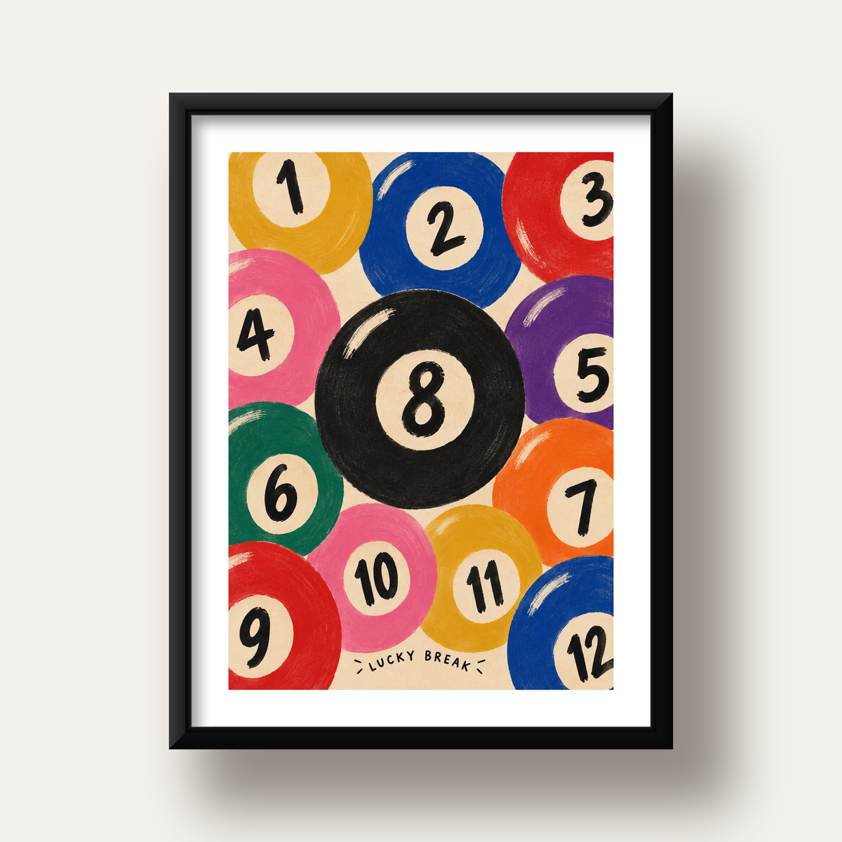 Renkli Bilardo Topları İllüstrasyon Poster – Lucky Break — siyah derin çerçeveli paspartulu