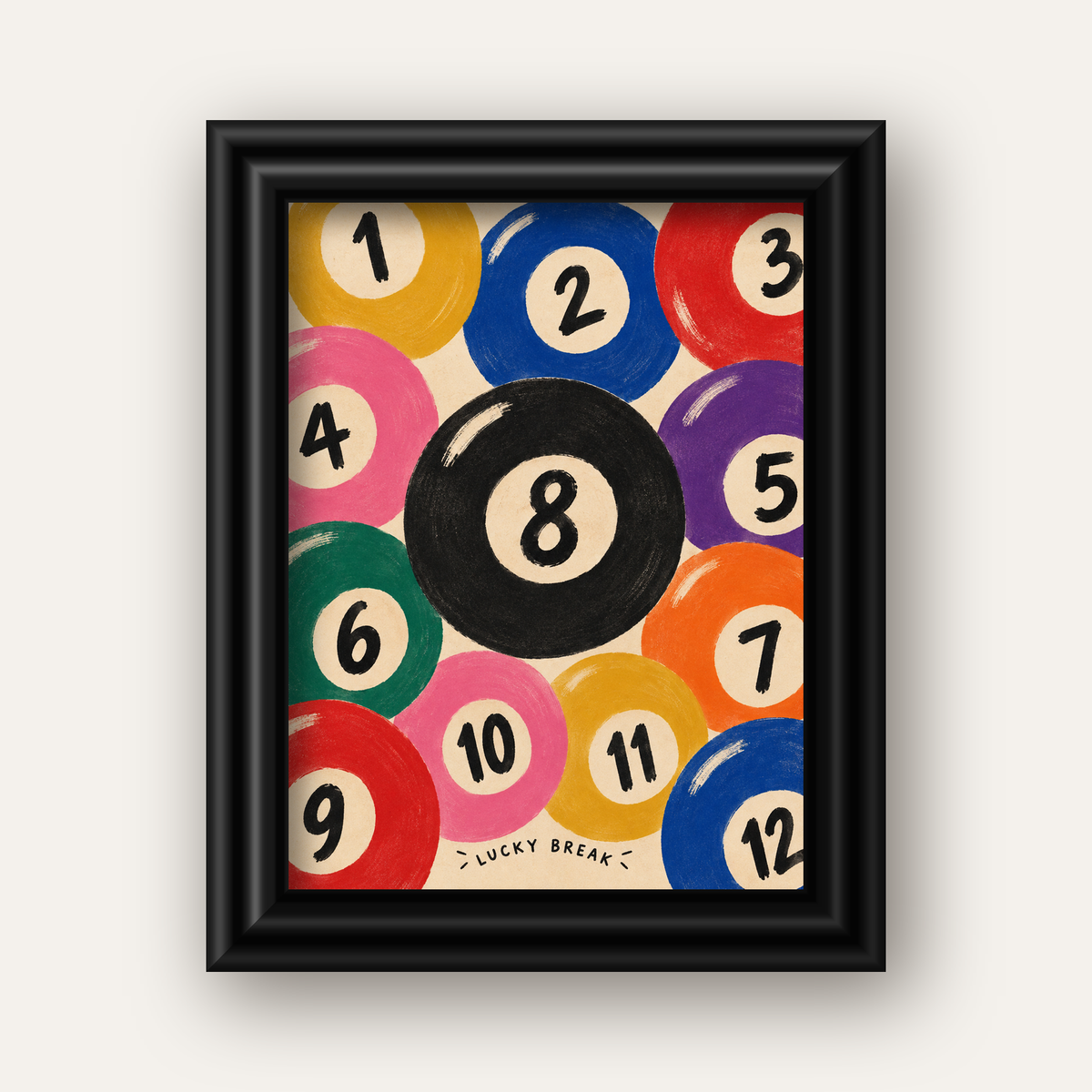 Renkli Bilardo Topları İllüstrasyon Poster – Lucky Break — siyah galeri çerçeveli
