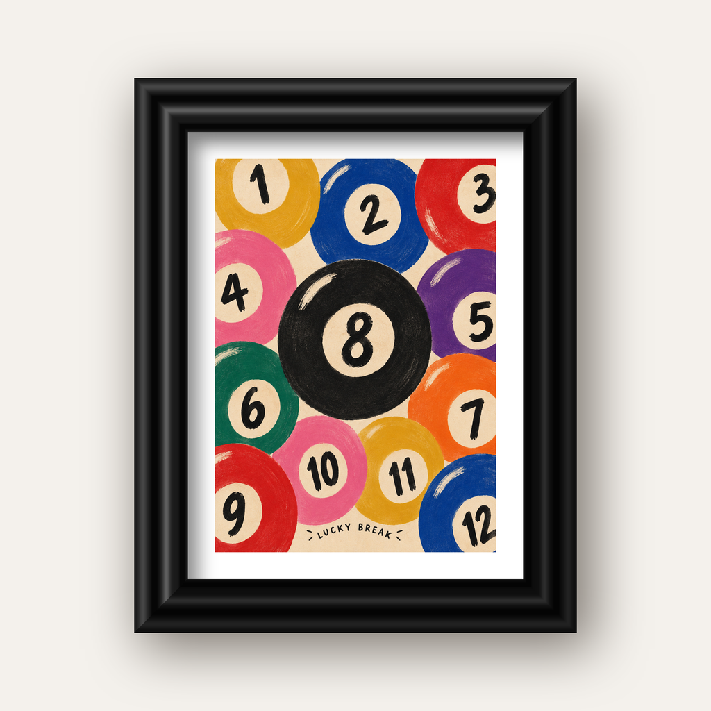Renkli Bilardo Topları İllüstrasyon Poster – Lucky Break — siyah galeri çerçeveli paspartulu