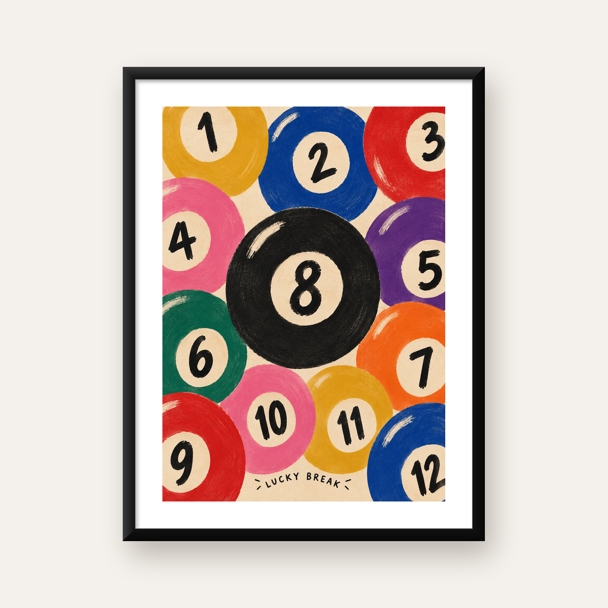 Renkli Bilardo Topları İllüstrasyon Poster – Lucky Break — Dikey baskı, beyaz paspartulu