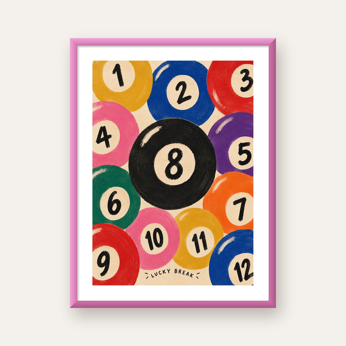 Renkli Bilardo Topları İllüstrasyon Poster – Lucky Break — pembe çerçeveli paspartulu