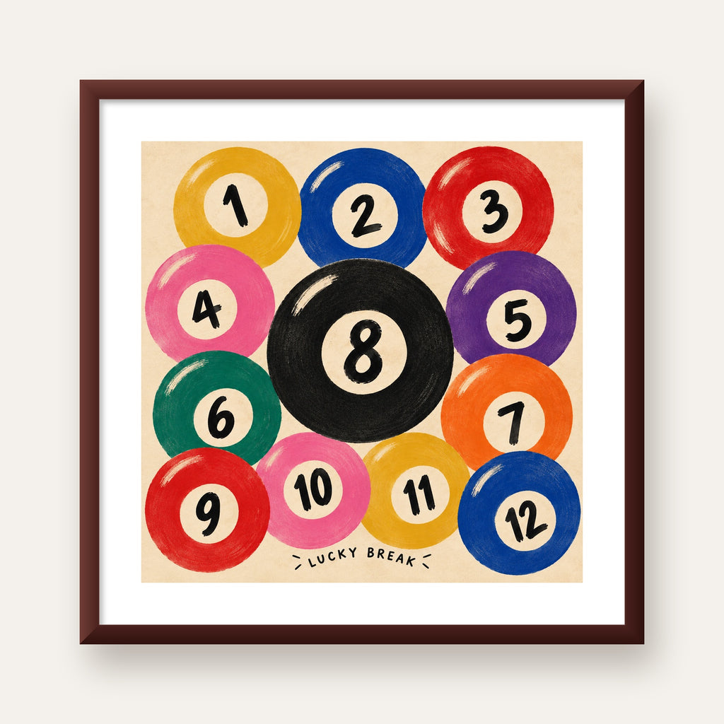 Renkli Bilardo Topları İllüstrasyon Poster – Lucky Break — ceviz çerçeveli paspartulu