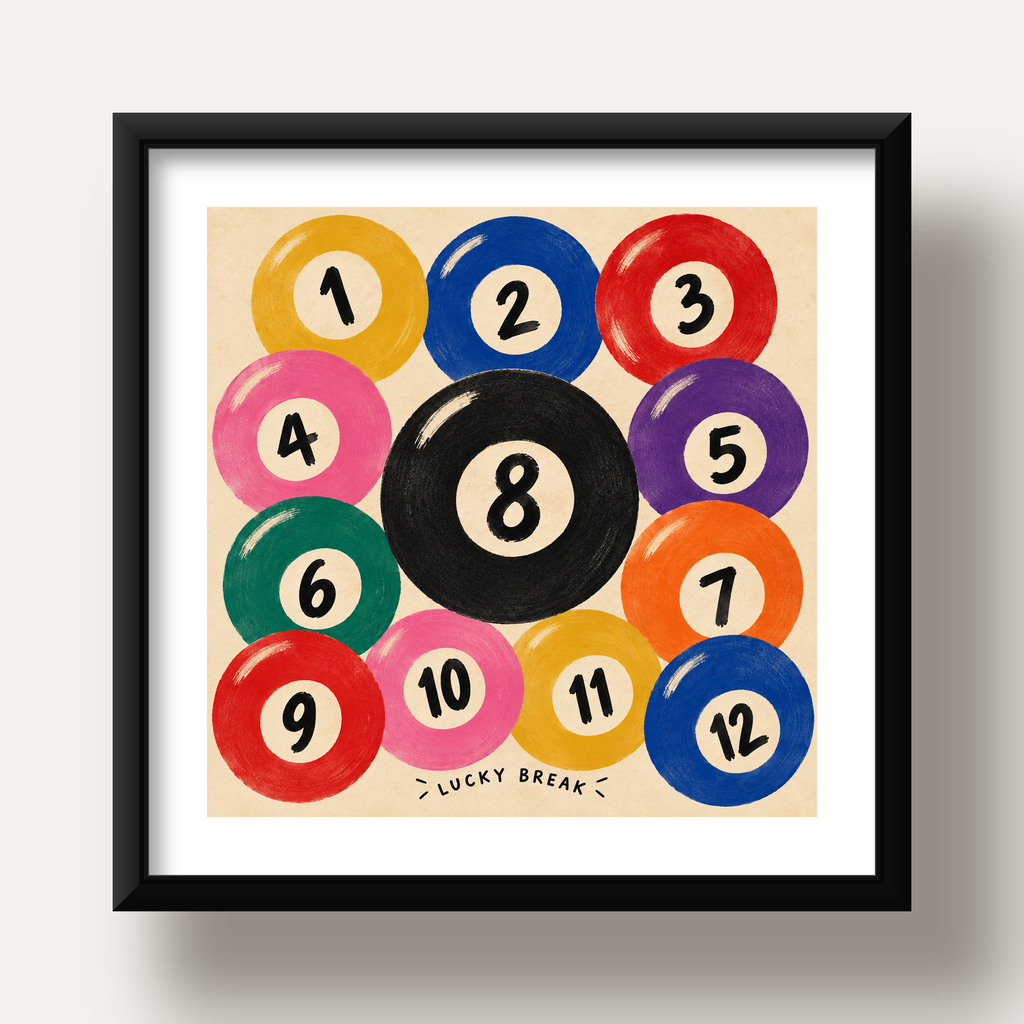 Renkli Bilardo Topları İllüstrasyon Poster – Lucky Break — siyah derin çerçeveli paspartulu