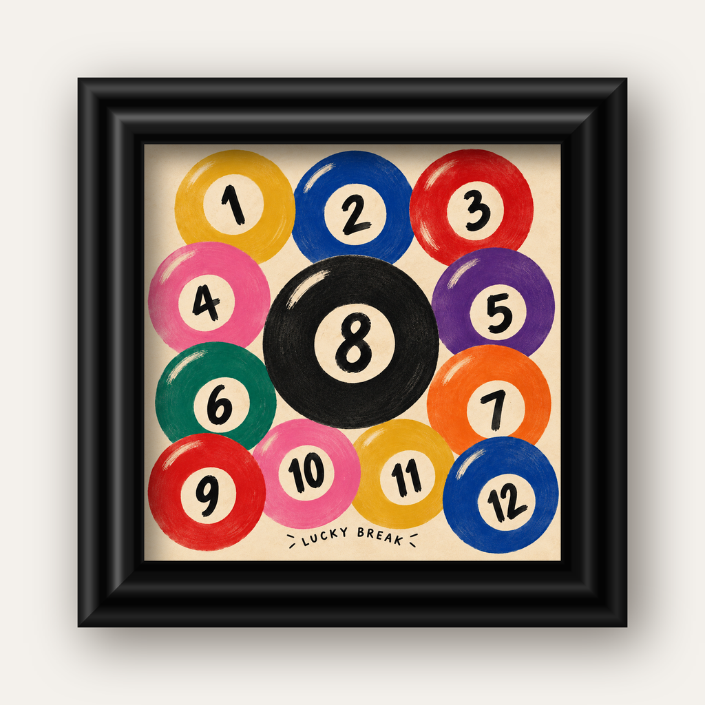 Renkli Bilardo Topları İllüstrasyon Poster – Lucky Break — siyah galeri çerçeveli