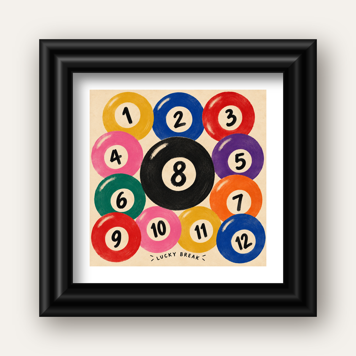 Renkli Bilardo Topları İllüstrasyon Poster – Lucky Break — siyah galeri çerçeveli paspartulu