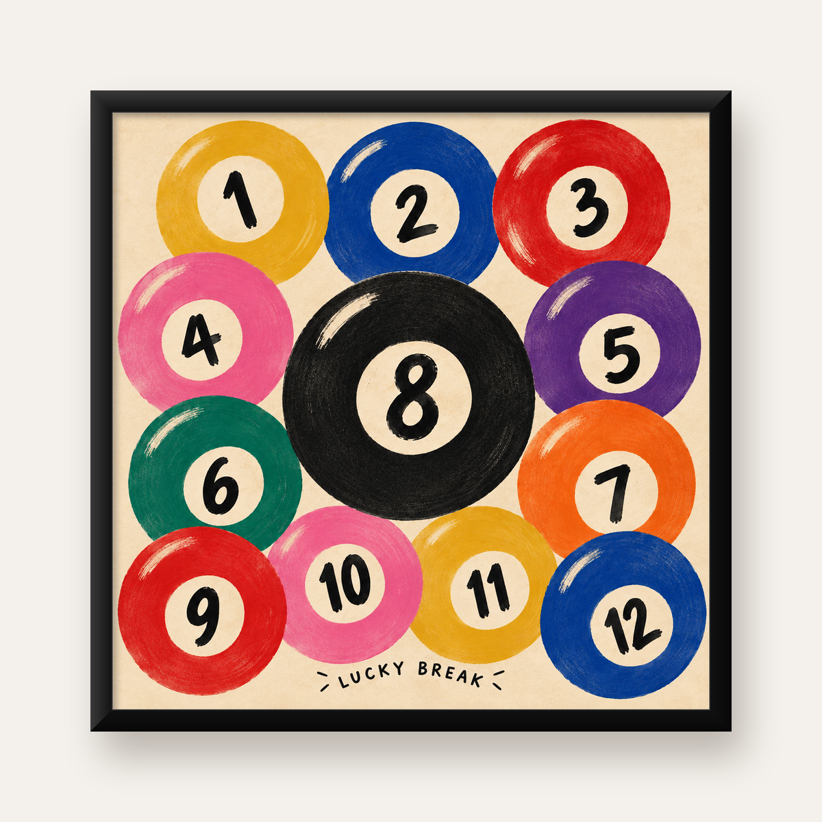 Renkli Bilardo Topları İllüstrasyon Poster – Lucky Break — Kare baskı, düz siyah çerçeveli duvar posteri
