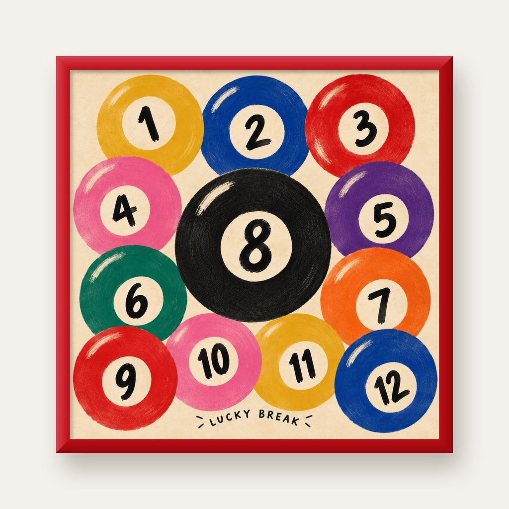 Renkli Bilardo Topları İllüstrasyon Poster – Lucky Break — kırmızı çerçeveli