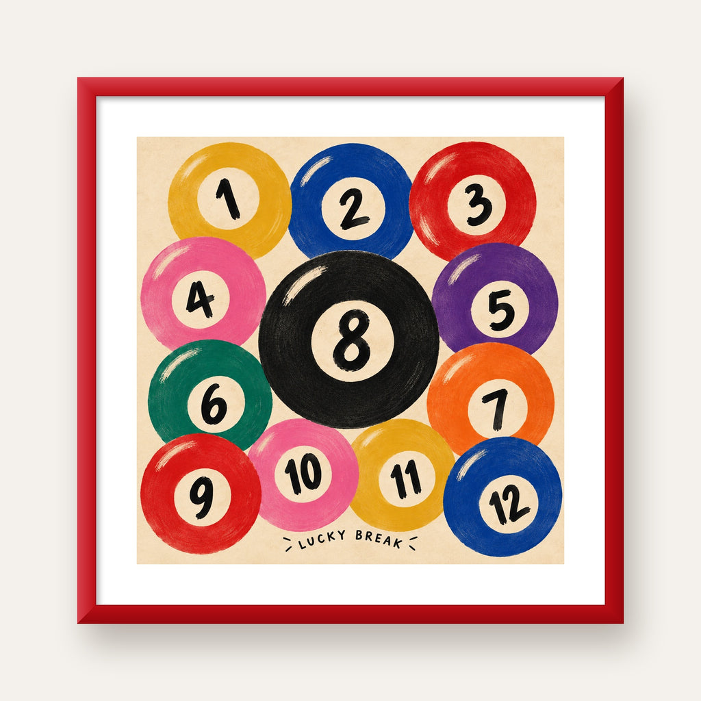 Renkli Bilardo Topları İllüstrasyon Poster – Lucky Break — kırmızı çerçeveli paspartulu