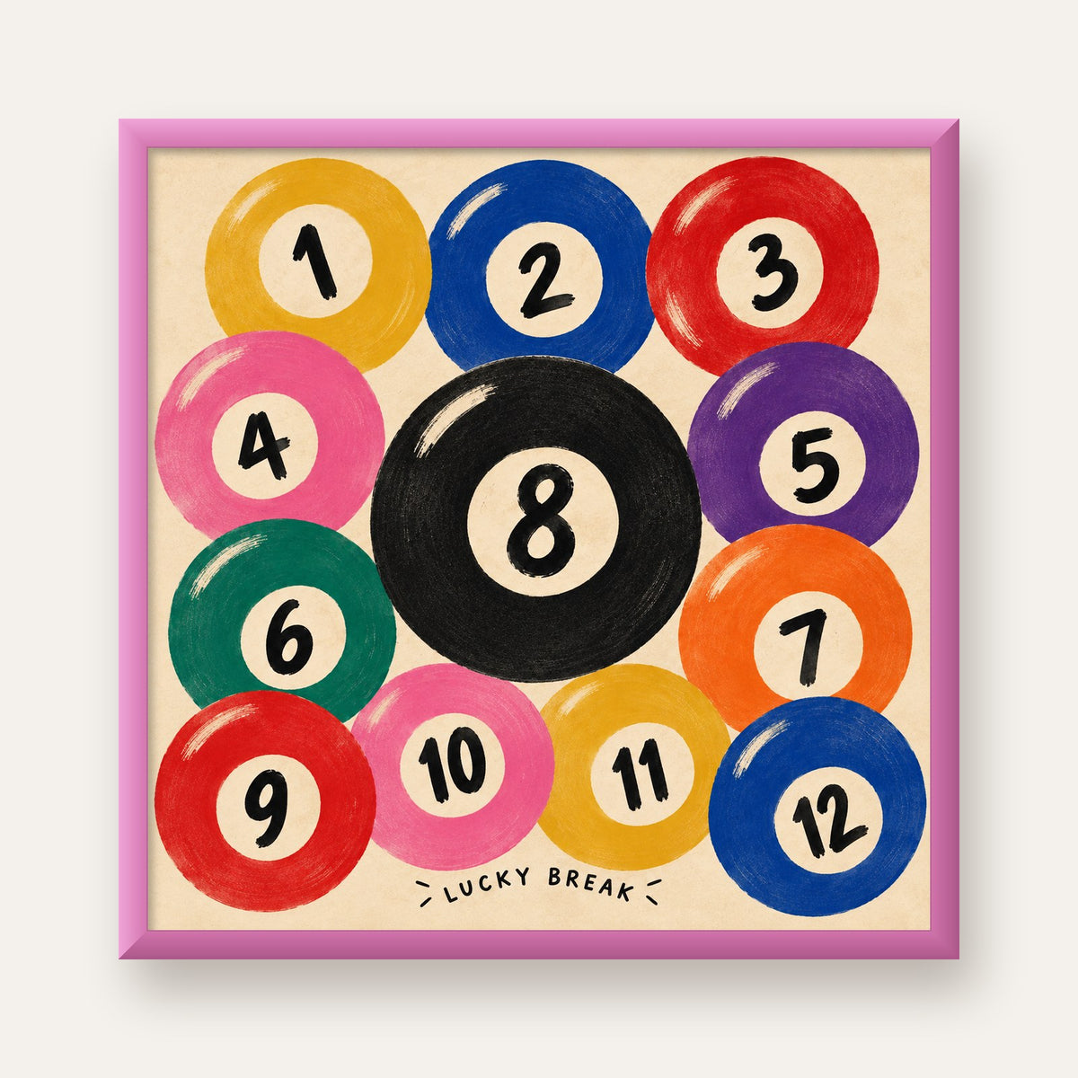 Renkli Bilardo Topları İllüstrasyon Poster – Lucky Break — pembe çerçeveli