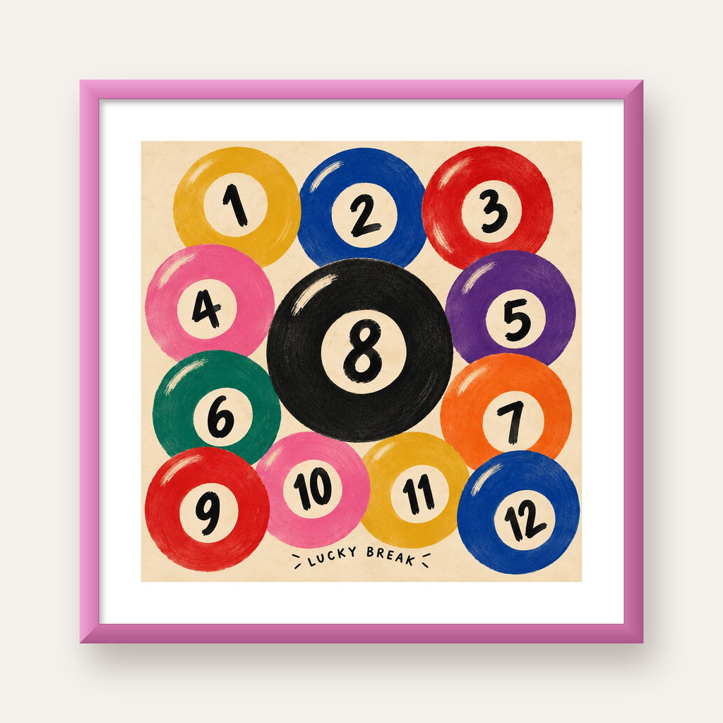 Renkli Bilardo Topları İllüstrasyon Poster – Lucky Break — pembe çerçeveli paspartulu
