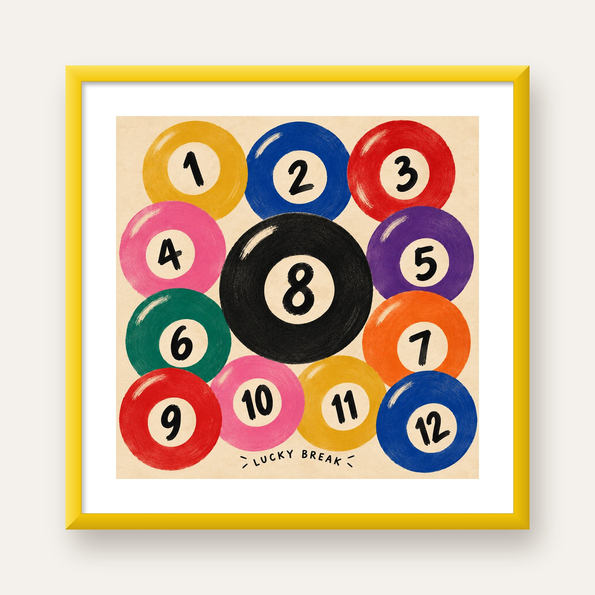 Renkli Bilardo Topları İllüstrasyon Poster – Lucky Break — sarı çerçeveli paspartulu