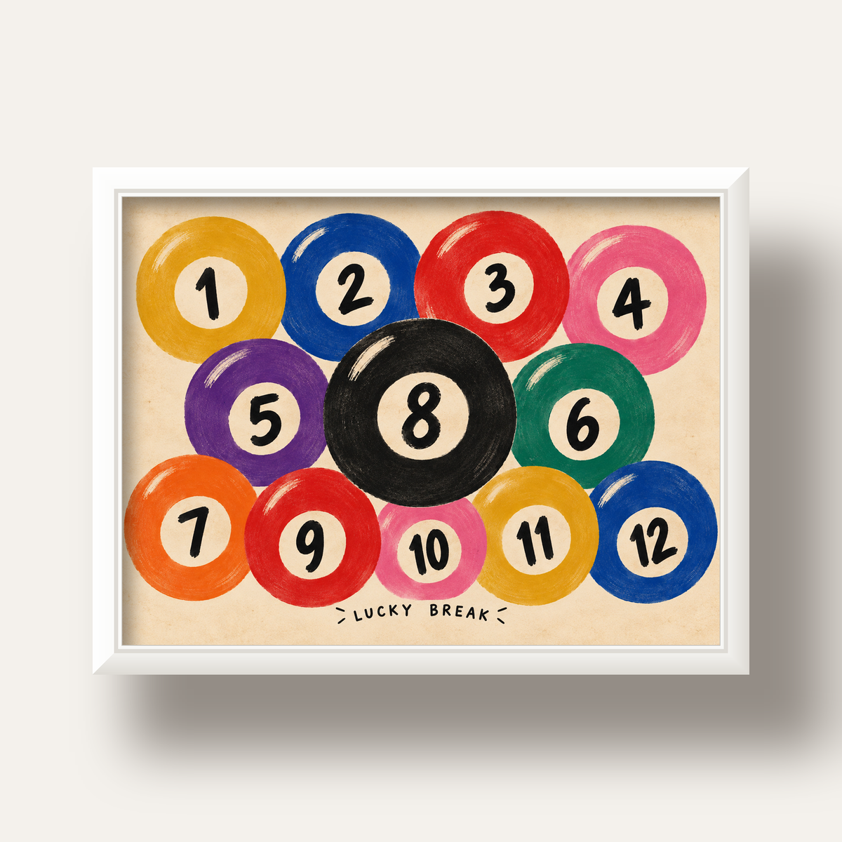 Renkli Bilardo Topları İllüstrasyon Poster – Lucky Break — beyaz derin çerçeveli