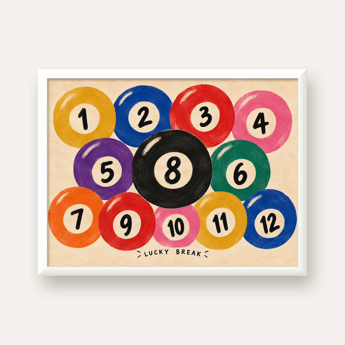 Renkli Bilardo Topları İllüstrasyon Poster – Lucky Break — beyaz çerçeveli yatay poster
