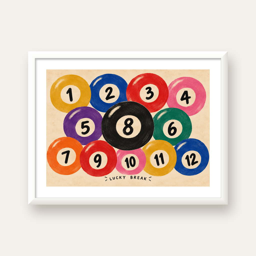 Renkli Bilardo Topları İllüstrasyon Poster – Lucky Break — beyaz çerçeveli yatay poster