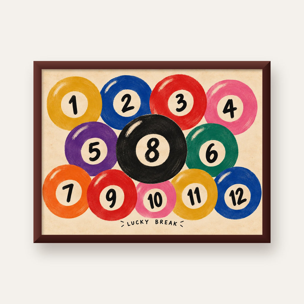 Renkli Bilardo Topları İllüstrasyon Poster – Lucky Break — ceviz çerçeveli