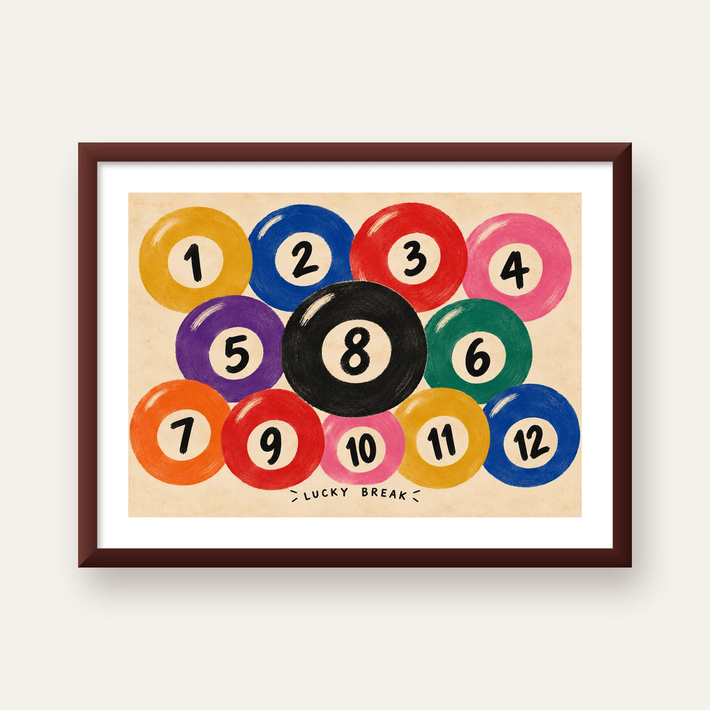 Renkli Bilardo Topları İllüstrasyon Poster – Lucky Break — ceviz çerçeveli paspartulu