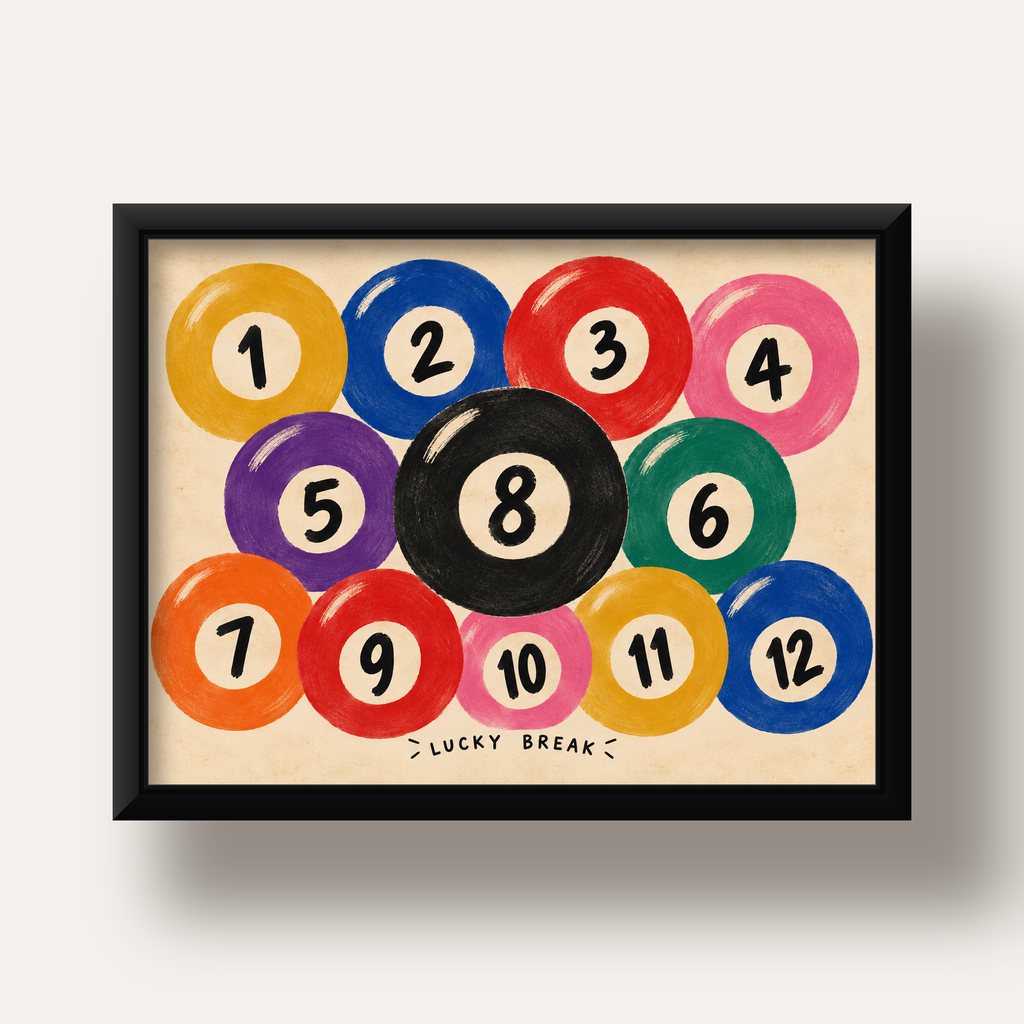 Renkli Bilardo Topları İllüstrasyon Poster – Lucky Break — siyah derin çerçeveli