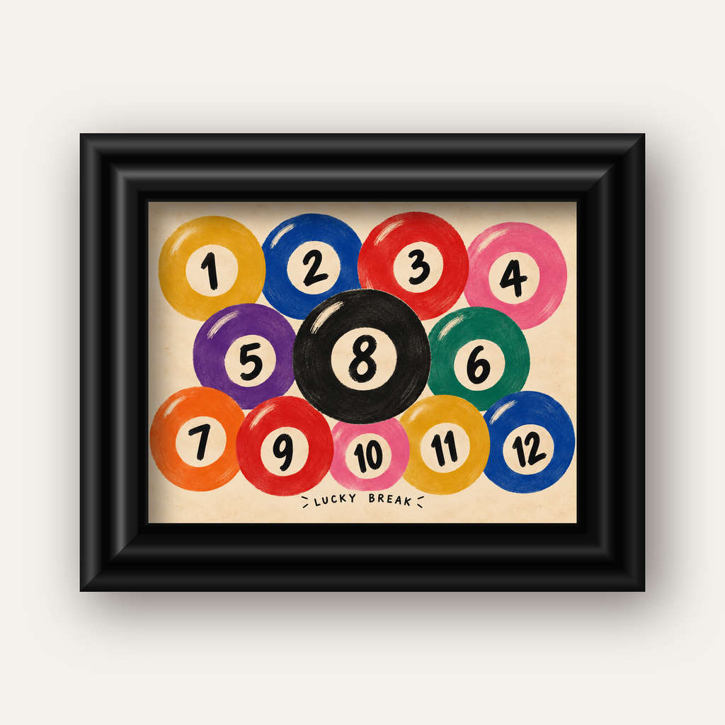 Renkli Bilardo Topları İllüstrasyon Poster – Lucky Break — siyah galeri çerçeveli