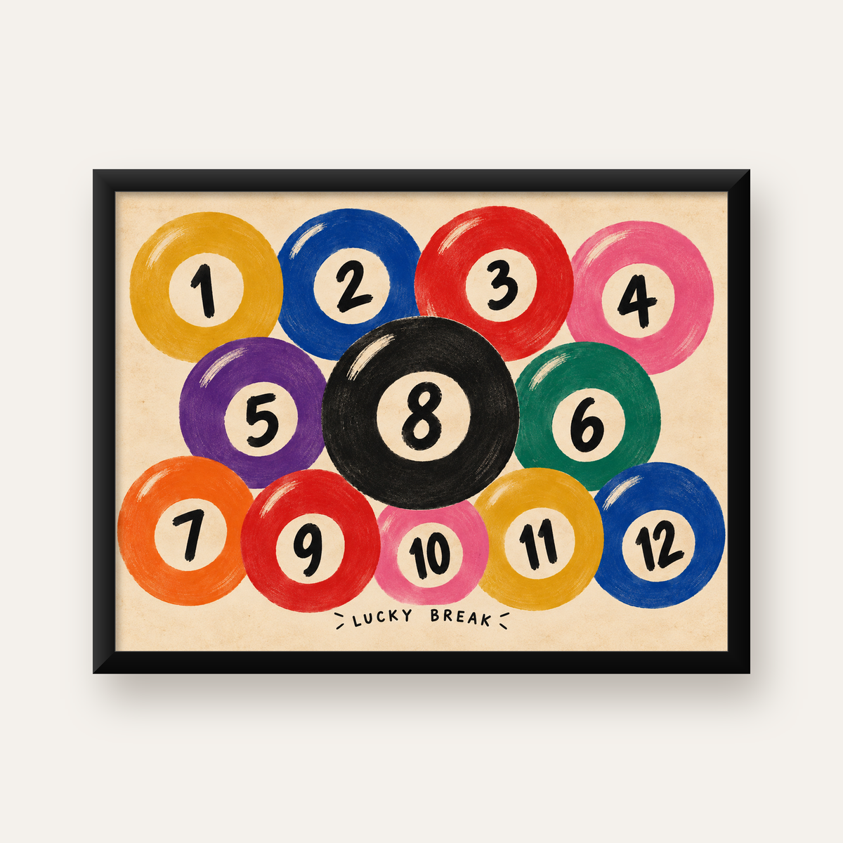 Renkli Bilardo Topları İllüstrasyon Poster – Lucky Break — Yatay baskı, düz siyah çerçeveli duvar posteri