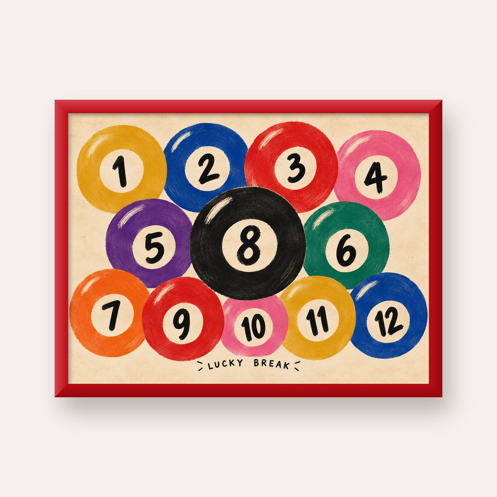 Renkli Bilardo Topları İllüstrasyon Poster – Lucky Break — kırmızı çerçeveli