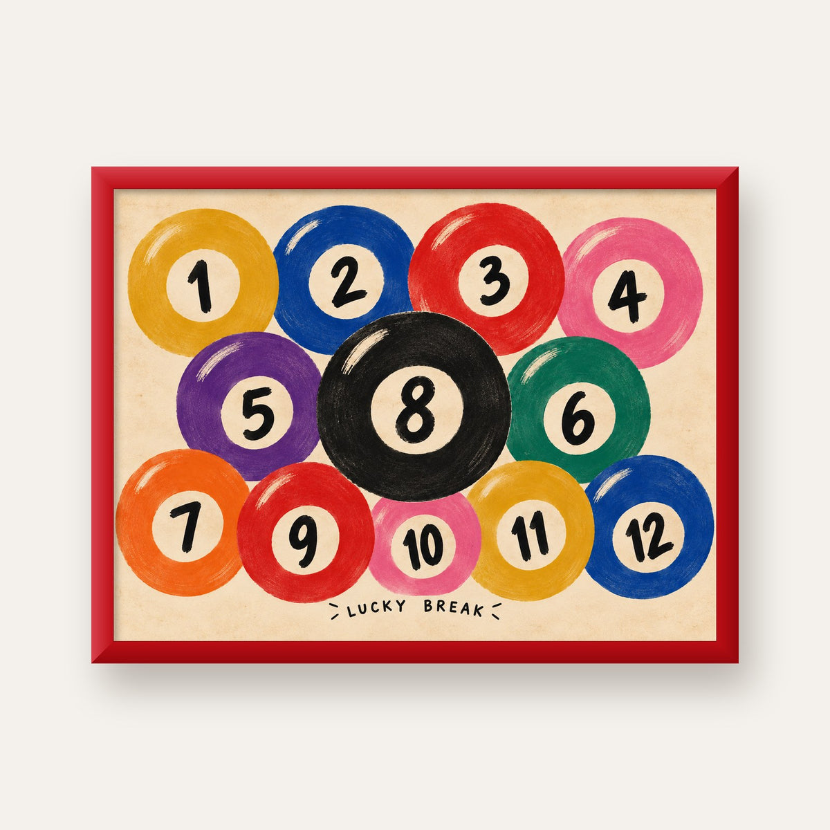 Renkli Bilardo Topları İllüstrasyon Poster – Lucky Break — kırmızı çerçeveli