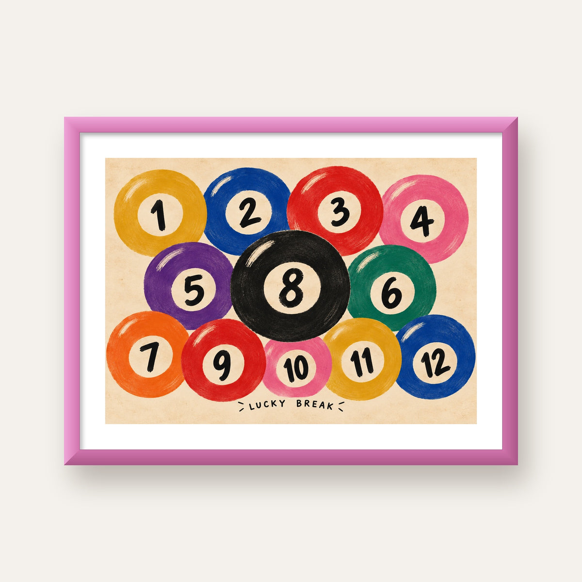 Renkli Bilardo Topları İllüstrasyon Poster – Lucky Break — pembe çerçeveli paspartulu