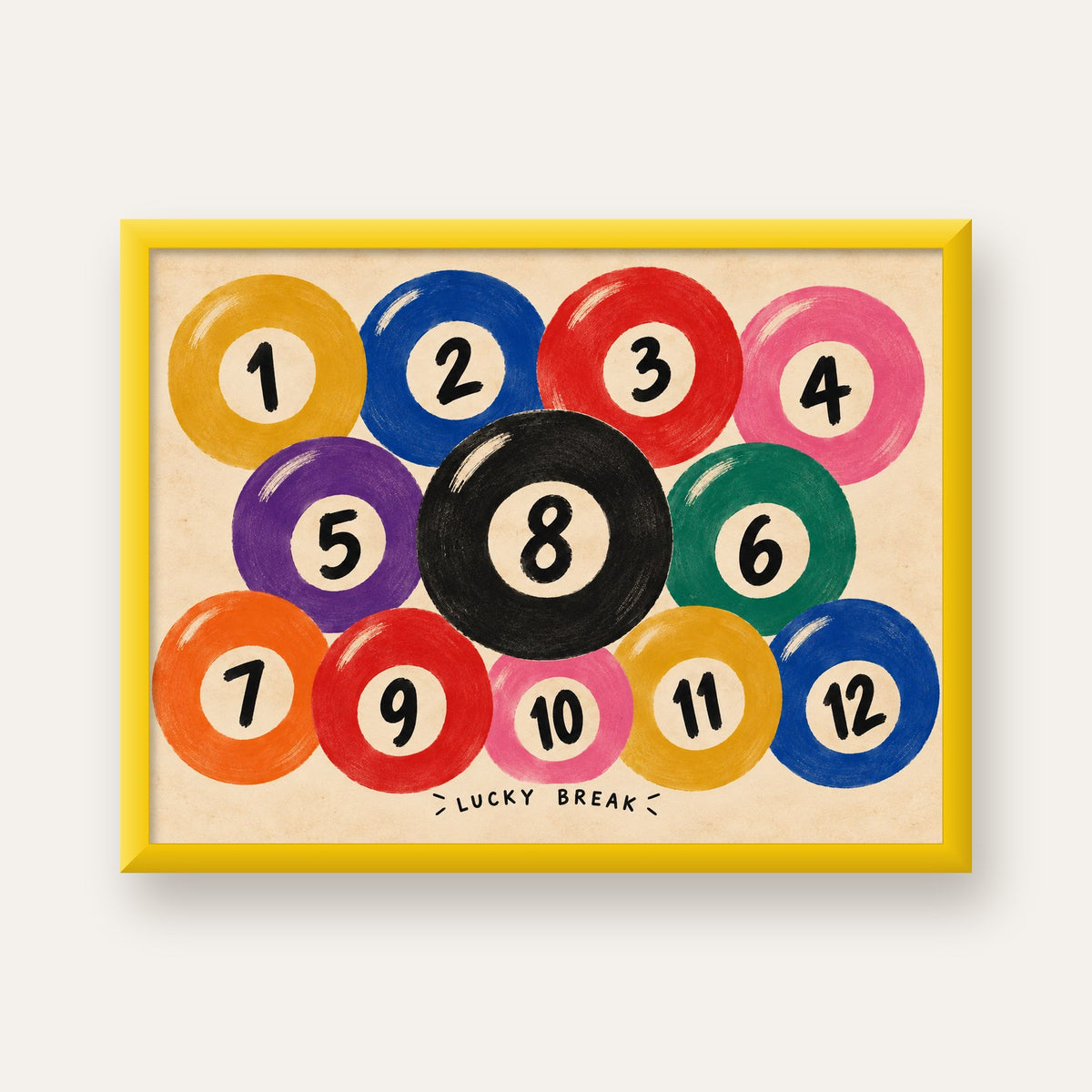 Renkli Bilardo Topları İllüstrasyon Poster – Lucky Break — sarı çerçeveli