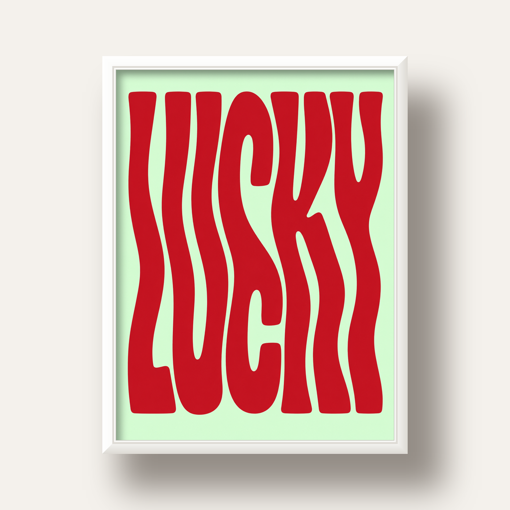 Modern Dalgalı Tipografi 'LUCKY' Kırmızı Poster — beyaz derin çerçeveli