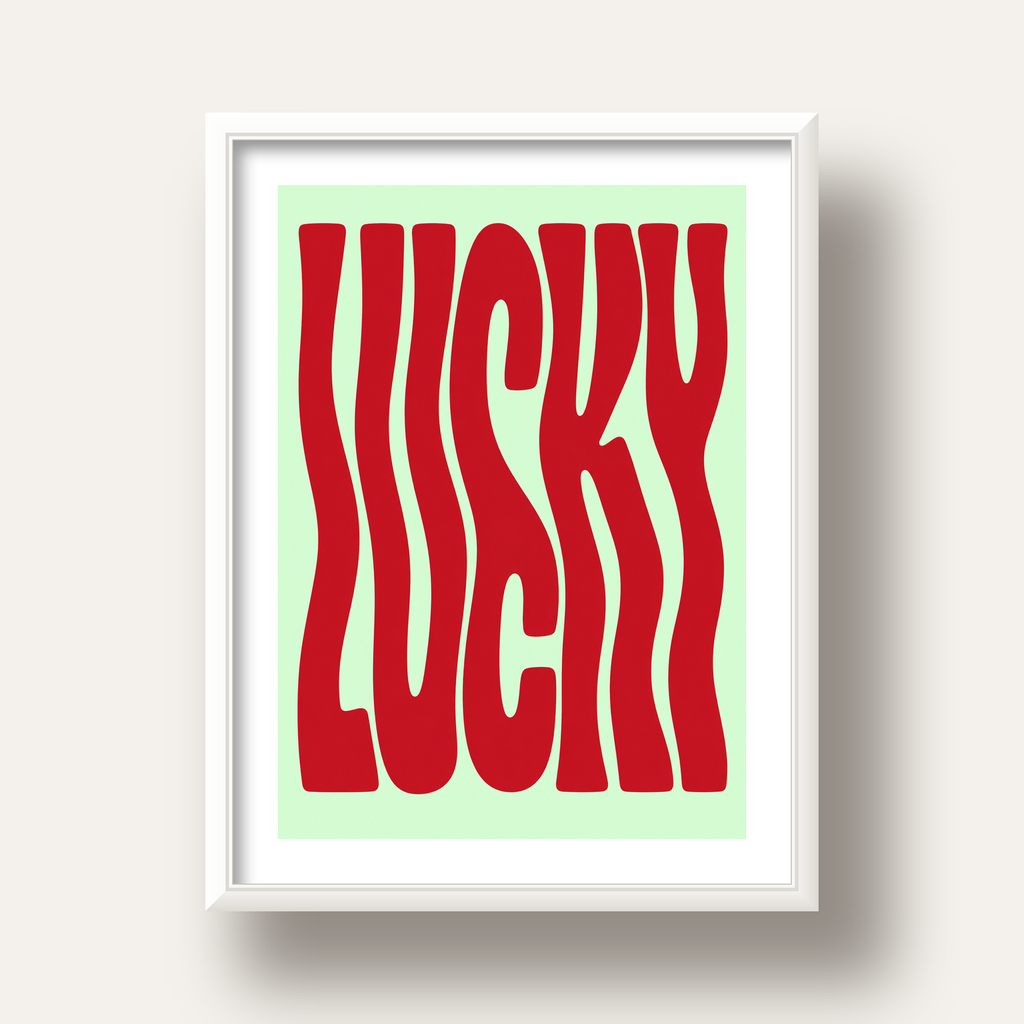 Modern Dalgalı Tipografi 'LUCKY' Kırmızı Poster — beyaz derin çerçeveli paspartulu
