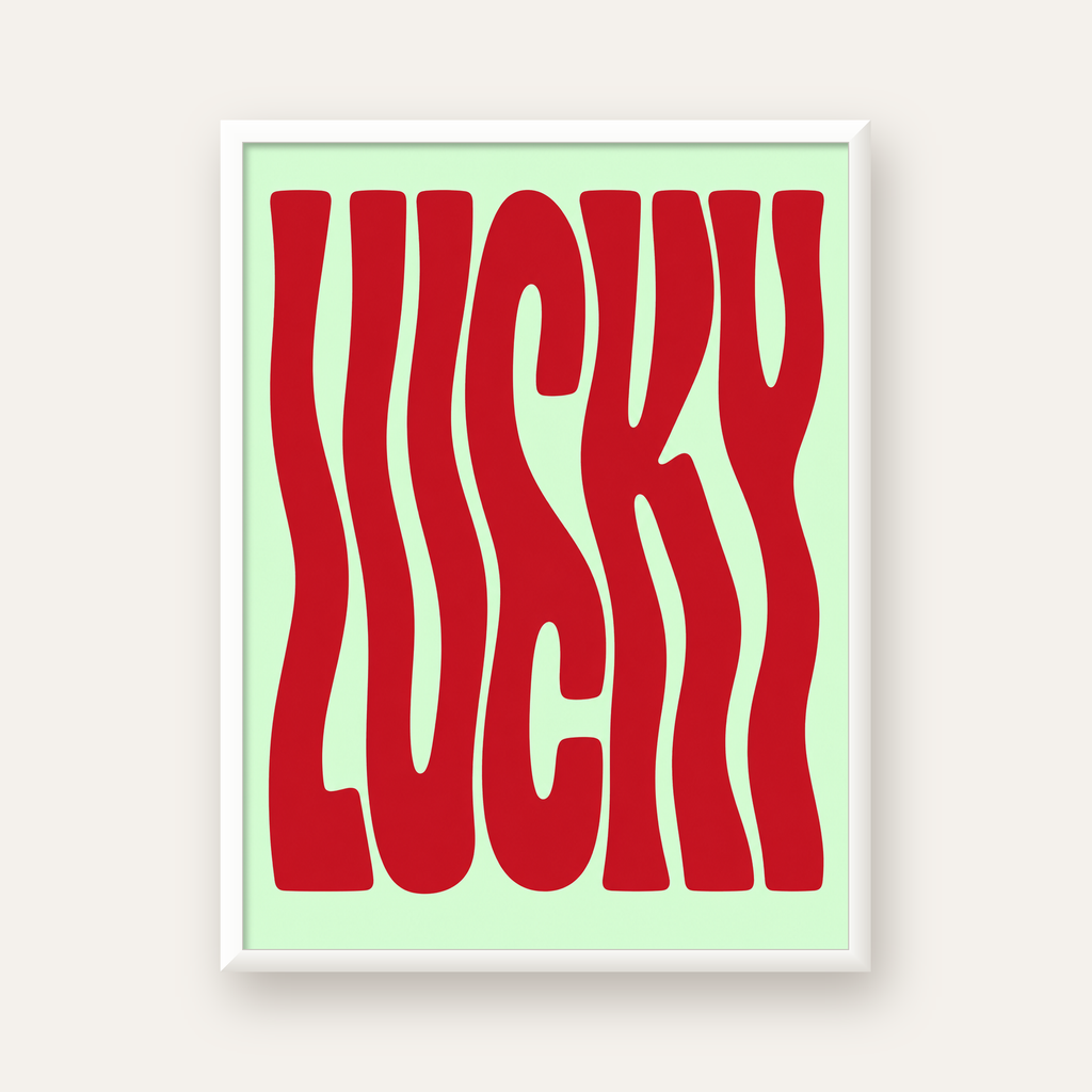 Modern Dalgalı Tipografi 'LUCKY' Kırmızı Poster — beyaz çerçeveli dikey poster