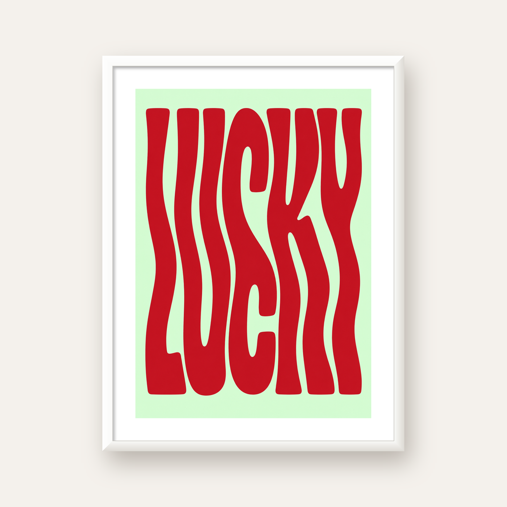 Modern Dalgalı Tipografi 'LUCKY' Kırmızı Poster — beyaz çerçeveli dikey poster