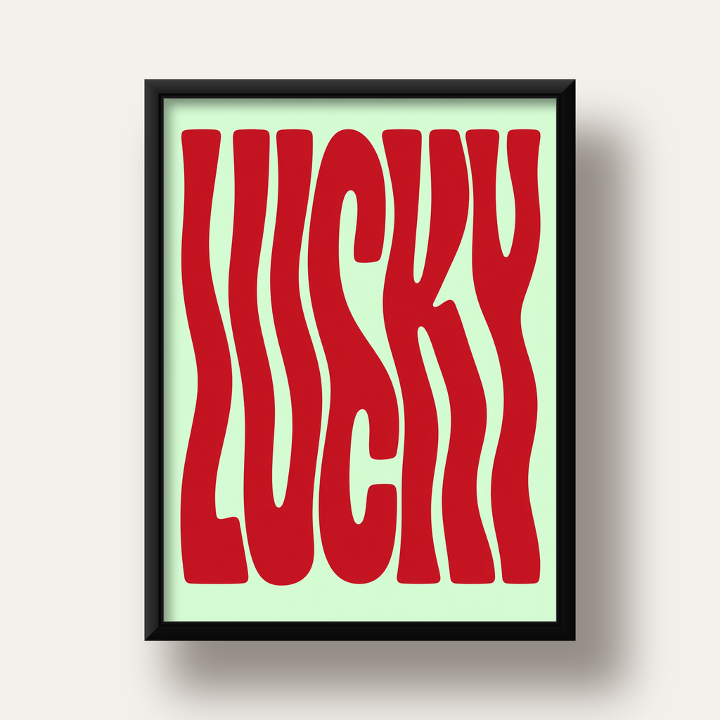 Modern Dalgalı Tipografi 'LUCKY' Kırmızı Poster — siyah derin çerçeveli