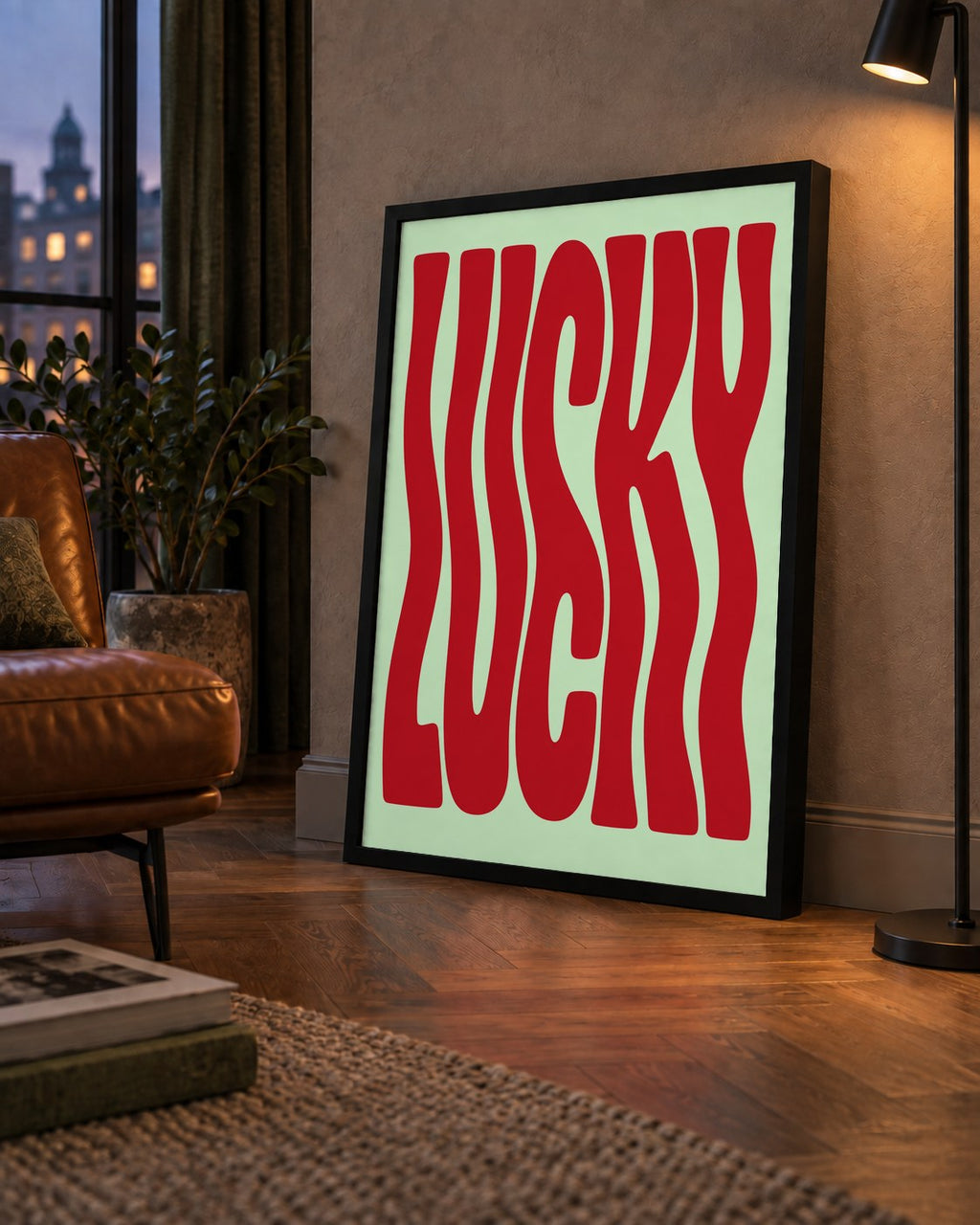 Modern Dalgalı Tipografi 'LUCKY' Kırmızı Poster — çerçeveli hâliyle bir ev duvarında