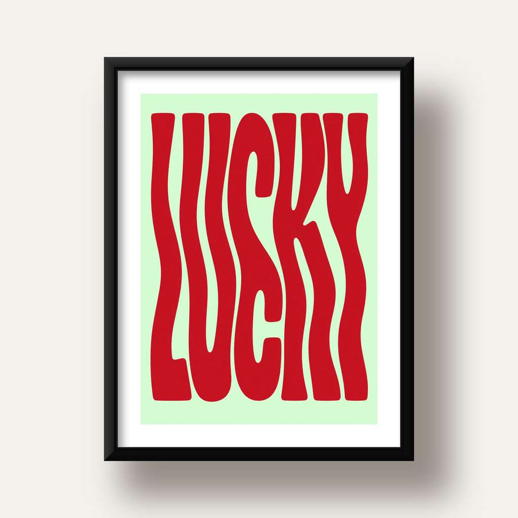 Modern Dalgalı Tipografi 'LUCKY' Kırmızı Poster — siyah derin çerçeveli paspartulu