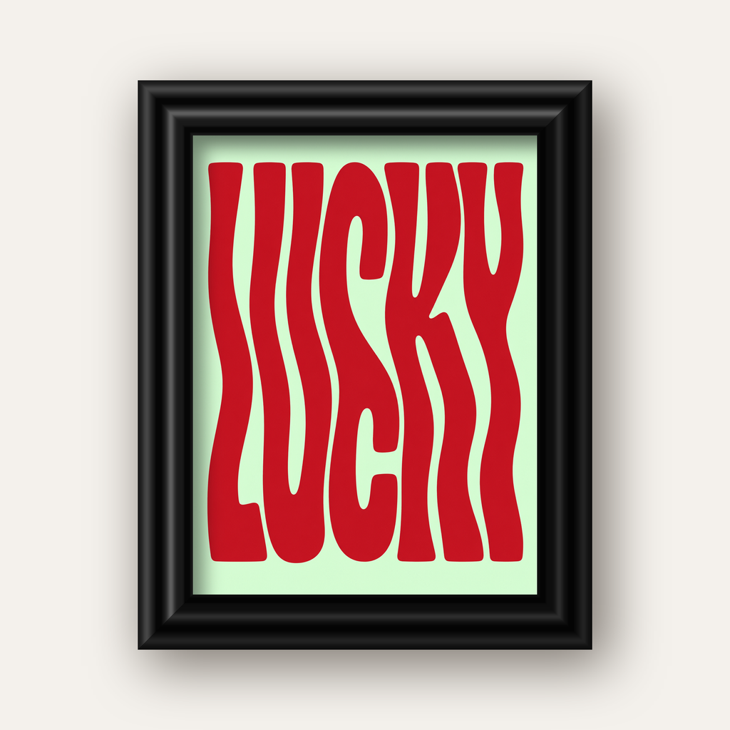 Modern Dalgalı Tipografi 'LUCKY' Kırmızı Poster — siyah galeri çerçeveli