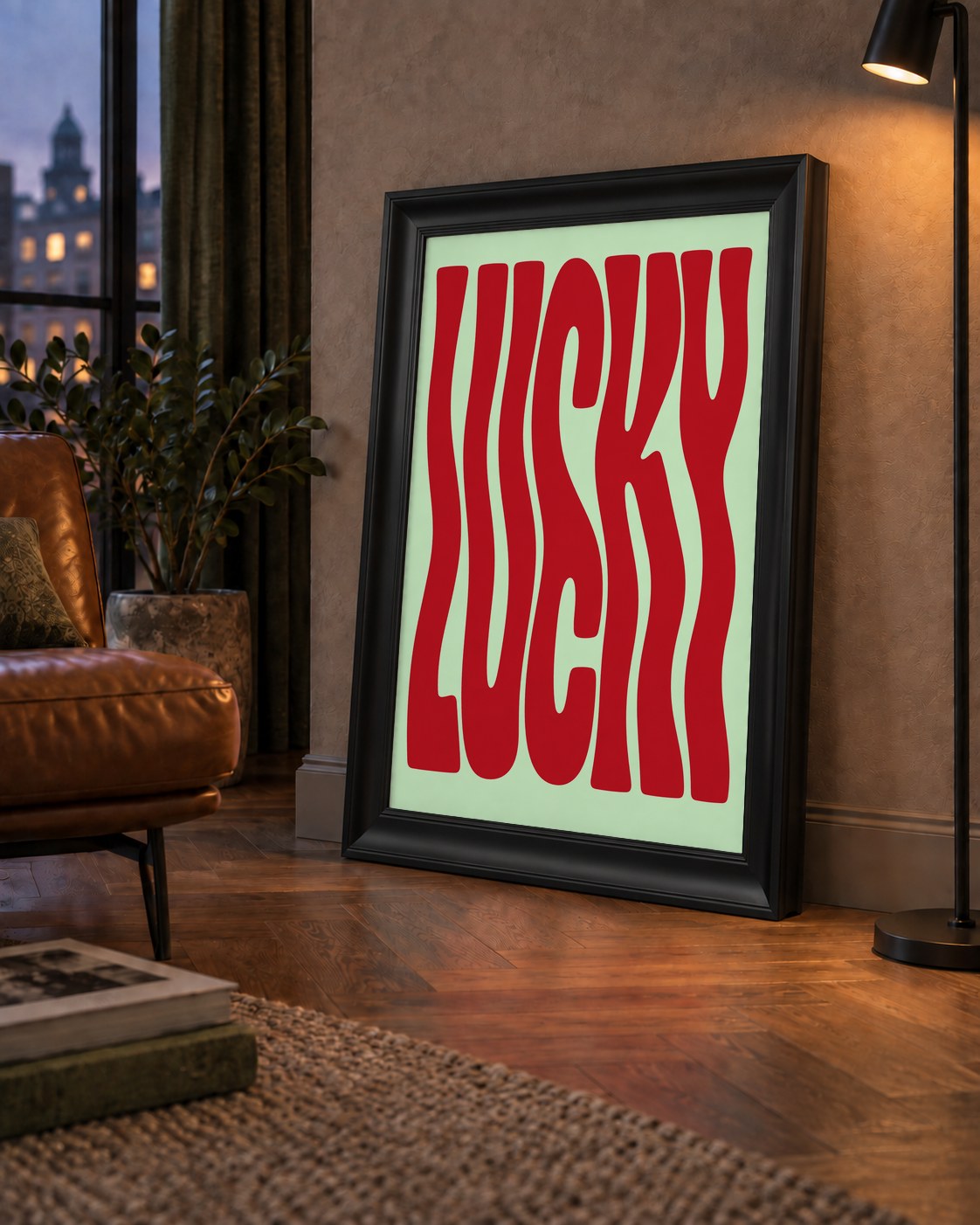Modern Dalgalı Tipografi 'LUCKY' Kırmızı Poster — çerçeveli hâliyle bir ev duvarında
