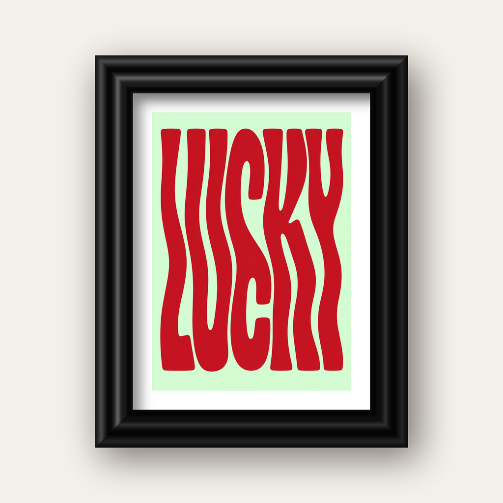 Modern Dalgalı Tipografi 'LUCKY' Kırmızı Poster — siyah galeri çerçeveli paspartulu