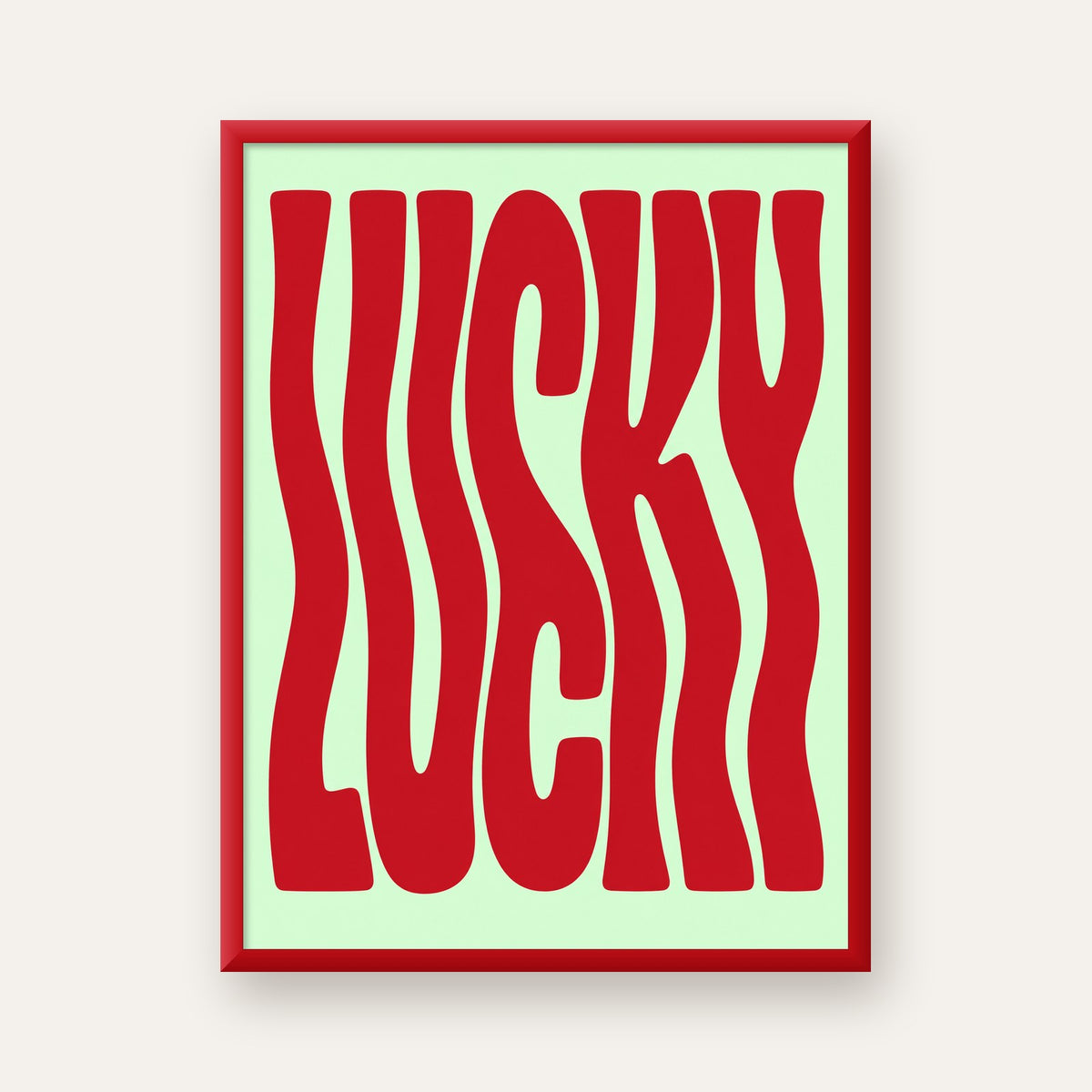 Modern Dalgalı Tipografi 'LUCKY' Kırmızı Poster — kırmızı çerçeveli