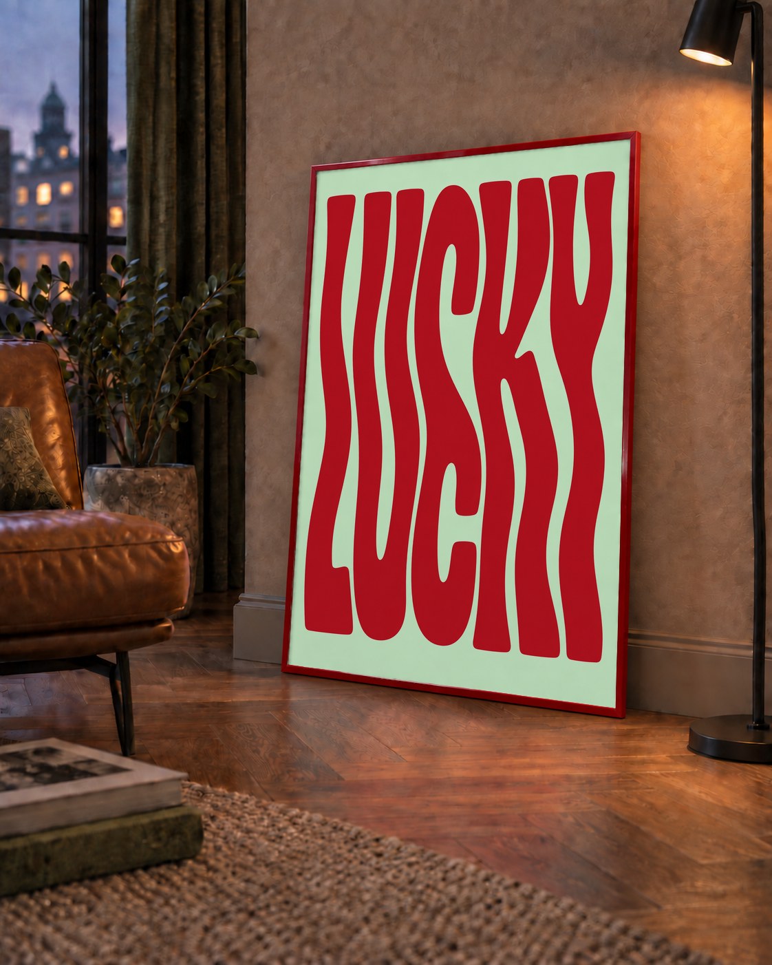 Modern Dalgalı Tipografi 'LUCKY' Kırmızı Poster — çerçeveli hâliyle bir ev duvarında