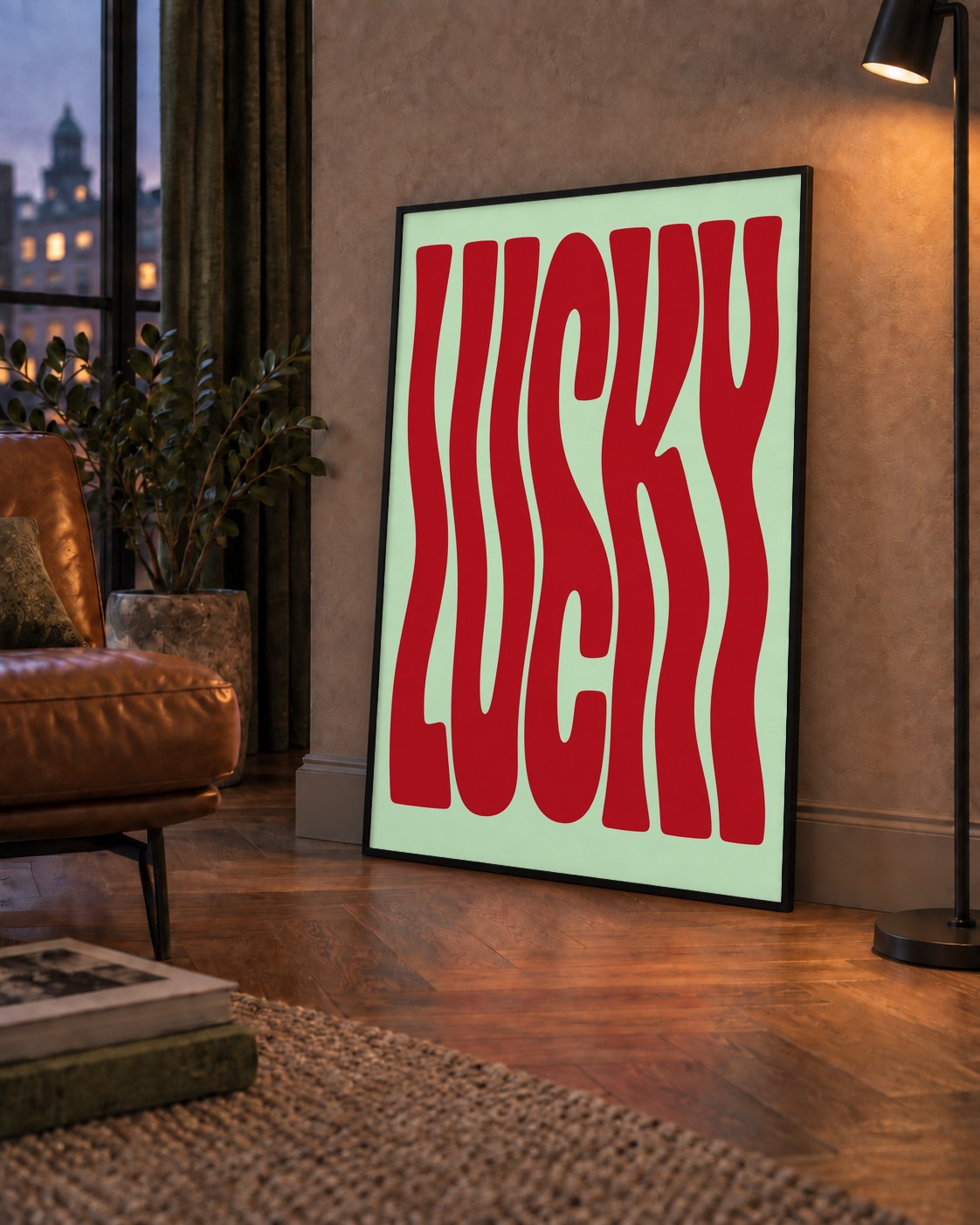 Modern Dalgalı Tipografi 'LUCKY' Kırmızı Poster — çerçeveli hâliyle bir ev duvarında