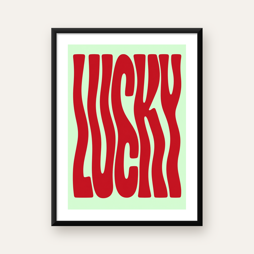 Modern Dalgalı Tipografi 'LUCKY' Kırmızı Poster — Dikey baskı, beyaz paspartulu