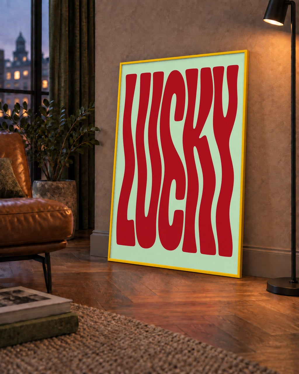 Modern Dalgalı Tipografi 'LUCKY' Kırmızı Poster — çerçeveli hâliyle bir ev duvarında