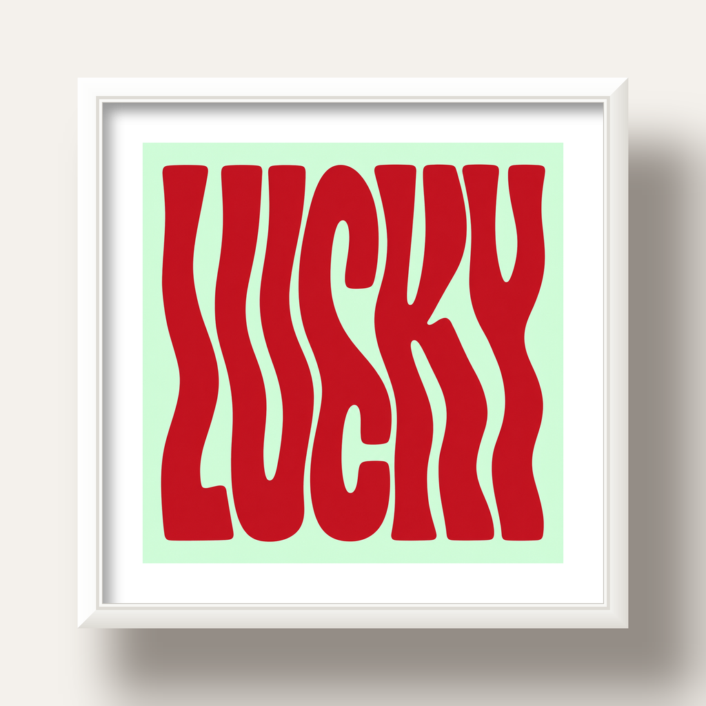 Modern Dalgalı Tipografi 'LUCKY' Kırmızı Poster — beyaz derin çerçeveli paspartulu