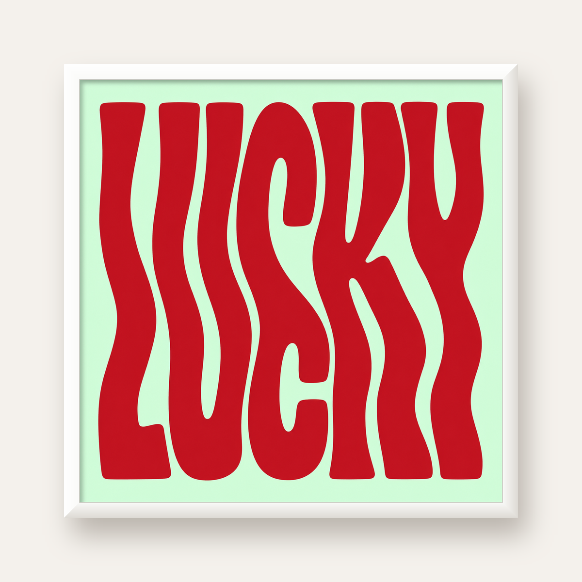 Modern Dalgalı Tipografi 'LUCKY' Kırmızı Poster — beyaz çerçeveli kare poster