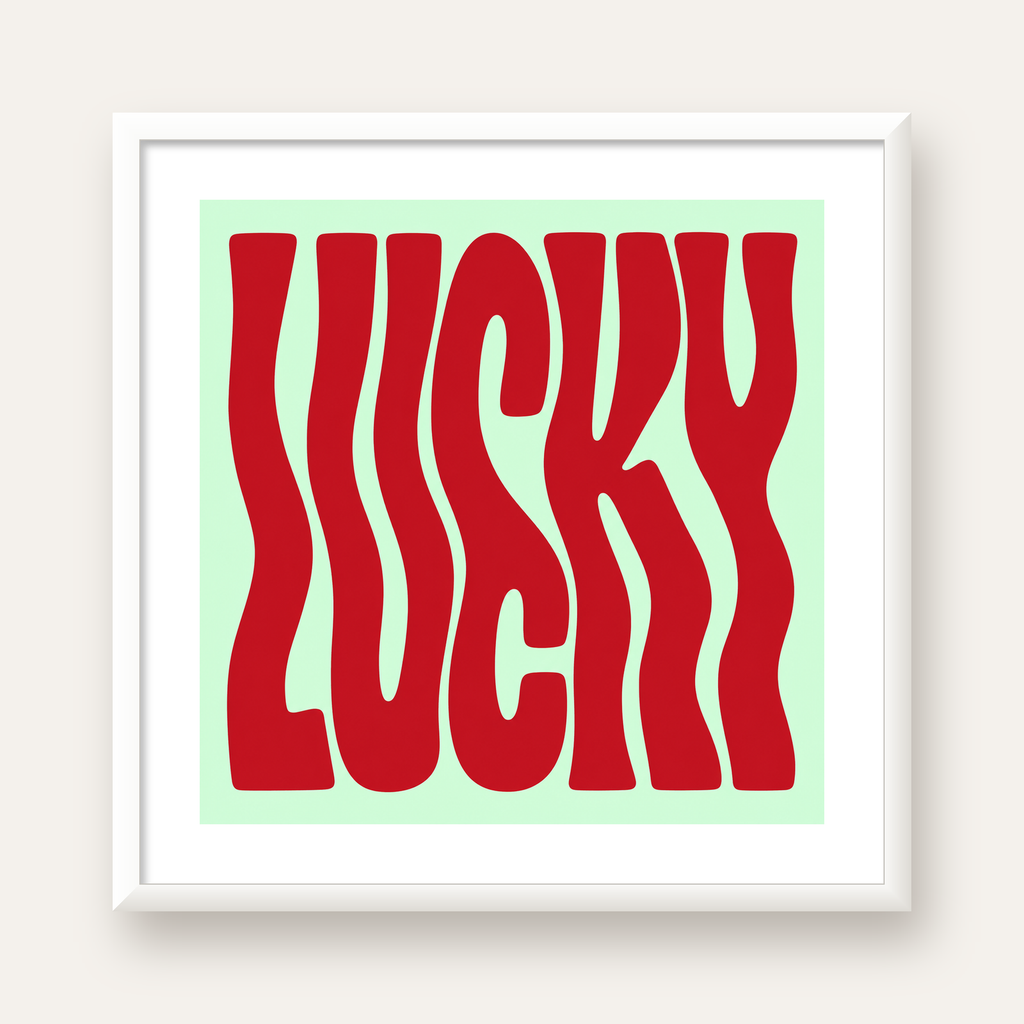 Modern Dalgalı Tipografi 'LUCKY' Kırmızı Poster — beyaz çerçeveli kare poster