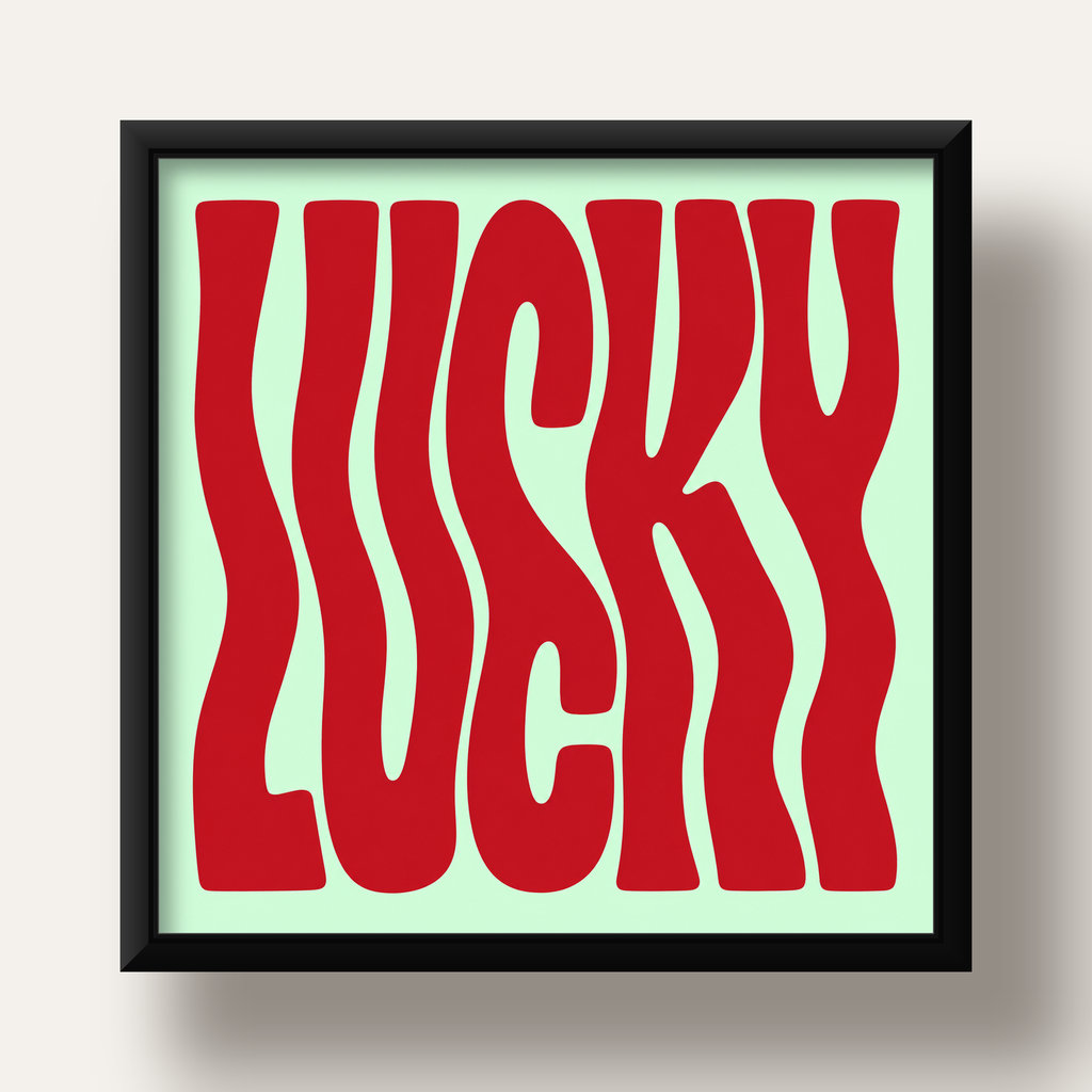 Modern Dalgalı Tipografi 'LUCKY' Kırmızı Poster — siyah derin çerçeveli