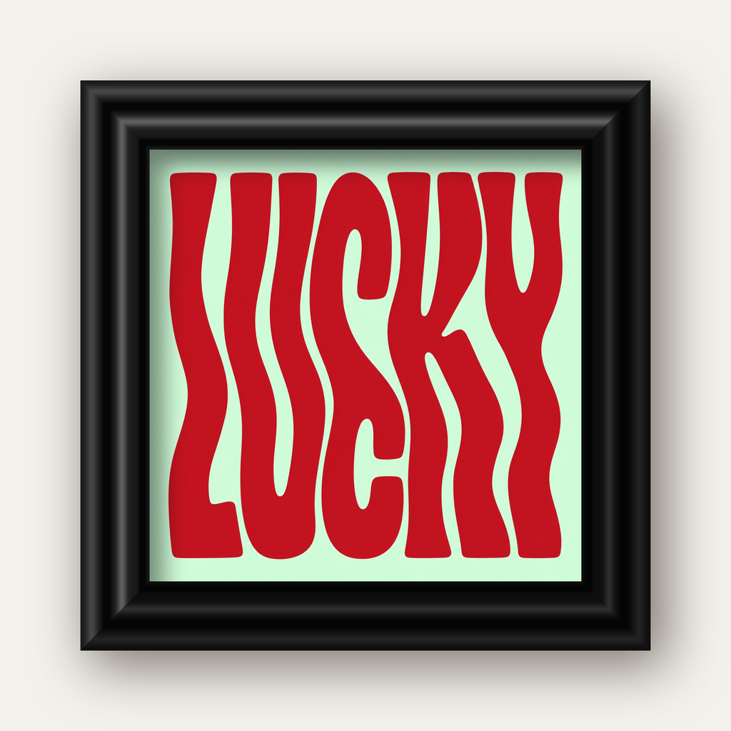 Modern Dalgalı Tipografi 'LUCKY' Kırmızı Poster — siyah galeri çerçeveli