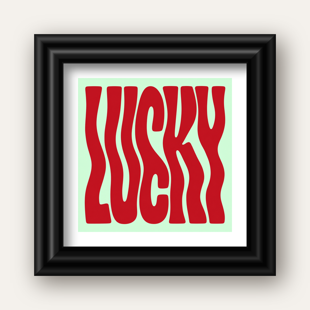 Modern Dalgalı Tipografi 'LUCKY' Kırmızı Poster — siyah galeri çerçeveli paspartulu